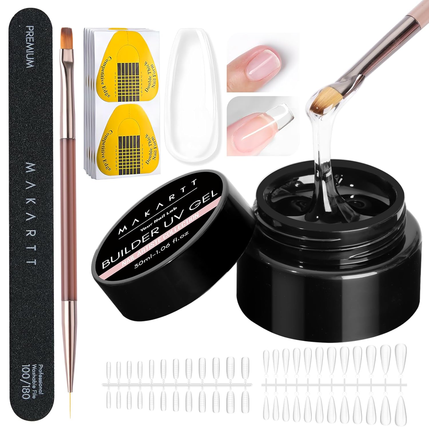 Makartt Clear Gel Builder Kit: Self-Levelling, Long Lasting Extension Hard Gels for Strengthener, Broken Nails Repair Gel Kit with Paper Forms, Dual forms, Nail File and Dual-End Brush 1.06 oz-Velvo Beauty