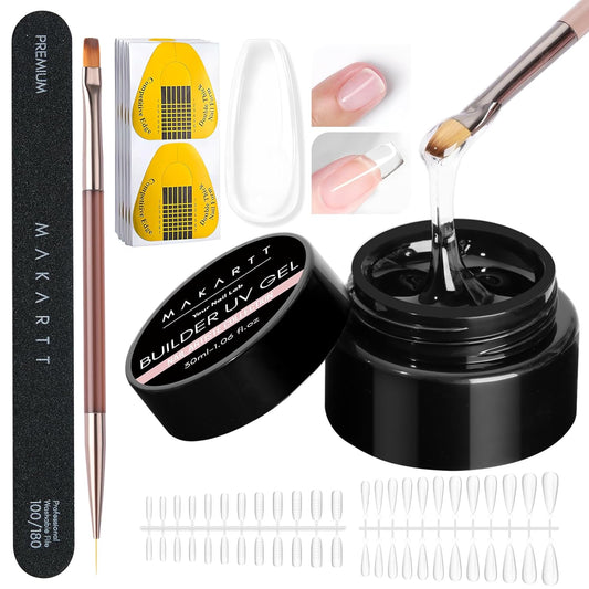 Makartt Clear Gel Builder Kit: Self-Levelling, Long Lasting Extension Hard Gels for Strengthener, Broken Nails Repair Gel Kit with Paper Forms, Dual forms, Nail File and Dual-End Brush 1.06 oz-Velvo Beauty