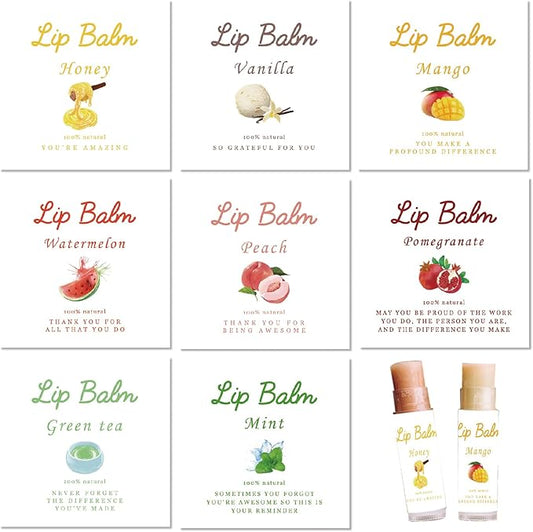 CRASPIRE 80Pcs 8 Styles Labels for Lip Balm Coated Paper Paster Honey Fruit Square Tubes Lip Balm Labels Stickers Natural Homemade Self-adhesive Stickers Logo for Containers Cosmetics Lipsticks-Velvo Beauty