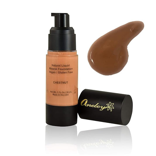 liquid mineral foundation organic natural vegan cruelty free chemical free full coverage aloe base highly pigmented lightweight formula acts as a moisturizer, sunblock and skin care (Chestnut)-Velvo Beauty