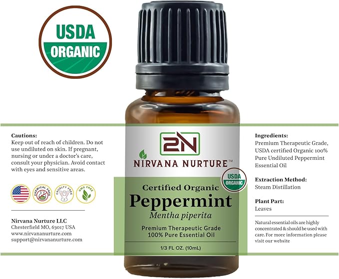 Peppermint Essential Oil USDA Certified Organic 100% Pure Premium Therapeutic Grade, Undiluted - Aromatherapy Diffuser for Calm and Relaxation, Skin Care, Hair Care-Velvo Beauty