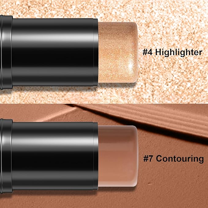 2Pcs Cream Contour Stick Makeup Kit, Cream Highlighter Stick and Bronzer Contour Stick with Longwear Waterproof Formula for Brightening and Trimming the Cheeks, Makeup Brush Include (#04, 07)-Velvo Beauty