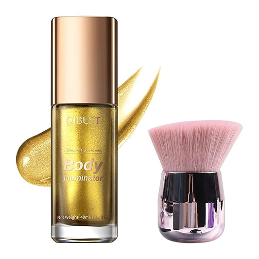 40ml Body Shimmer Oil,Face and Body Liquid Luminizer,Smooth Body Shimmer Oil For Sunshine Bath, Waterproof Moisturizing Light Shimmer Glow Illuminator,Liquid Highlighter Makeup,Makeup Brush Include (5#-Gold)-Velvo Beauty