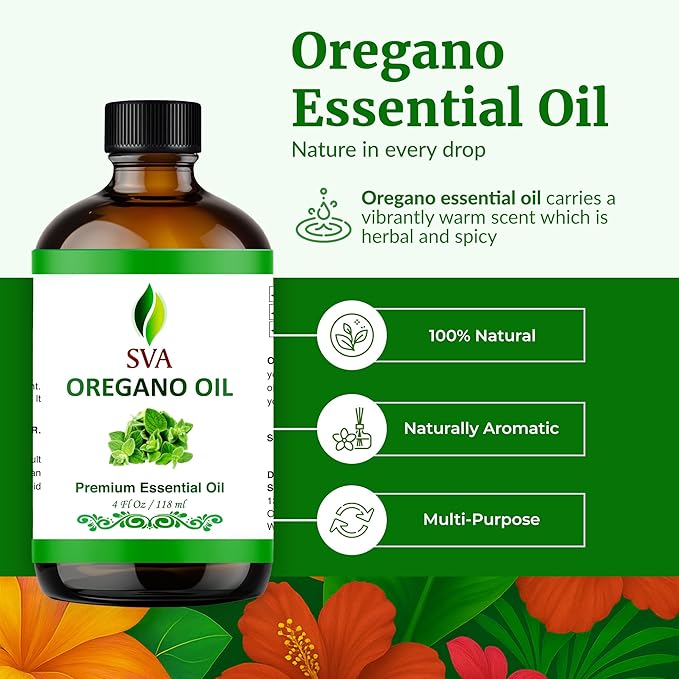 SVA Oregano Essential Oil – 4 Fl Oz – 100% Natural Oregano Oil - for Diffuser, Hair Care, Face, Skin Care, Aromatherapy, Scalp and Body Massage, Soap and Candle Making – with Dropper-Velvo Beauty