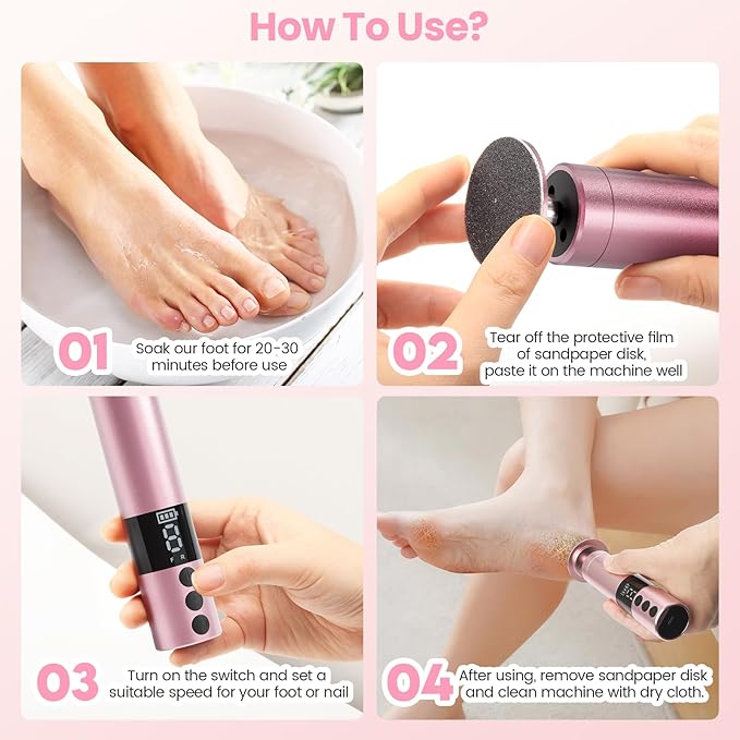 Electric Callus Remover for Feet, Rechargeable Professional Electronic Foot File Nail Grinder,9 Adjustable Speed Foot Sander Scrubber Pedicure Tool for Dry Dead Skin with Sandpaper Discs (Pink)-Velvo Beauty