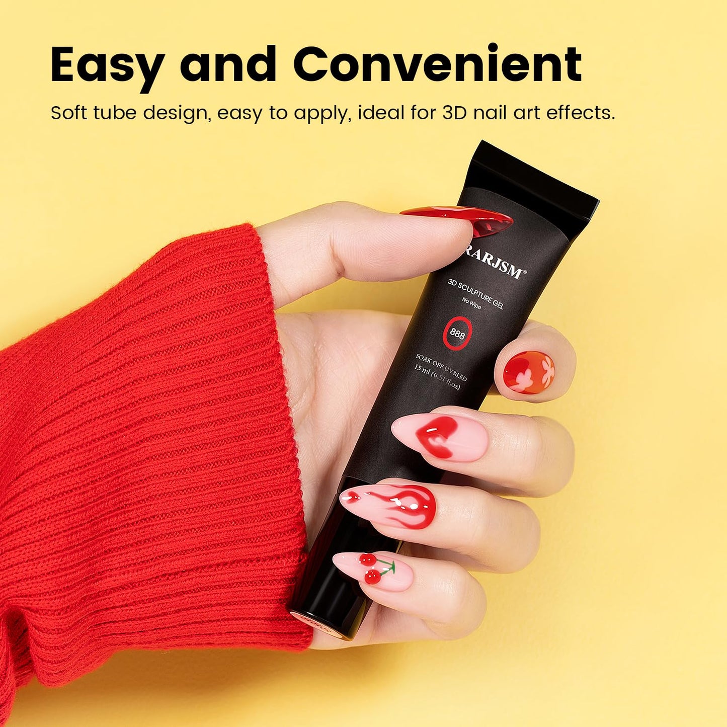 RARJSM 3D Sculpture Gel Polish for Nail Art - No Wipe Red 2 in 1 Gem Rhinestone Glue Drawing Hard Craving Sculpting Gel UV LED Curing Requires Soft Tube DIY Decoration Manicure Design-Velvo Beauty