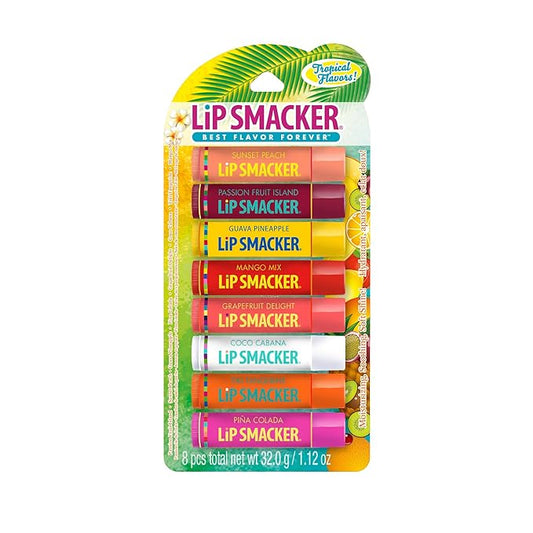 Lip Smacker Flavored Lip Balm Tropic Fever 8 Count (Pack of 1), Passion Fruit, Peach, Breezey-Teazey, Pina Colada, Grapefruit, Coca Cabana, Tangerine, Mango, Clear-Velvo Beauty