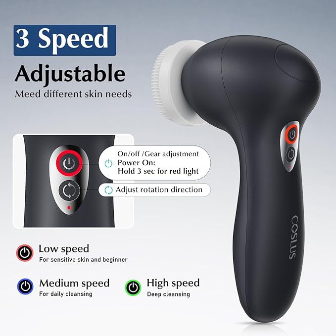 COSLUS Facial Cleansing Brush Face Scrubber: 3 in 1 Bi-Directional Electric Spin Brush for Removing Blackhead, Exfoliating, Massaging - Rechargeable Waterproof, 3 Adjustable Speeds for Men & Women-Velvo Beauty