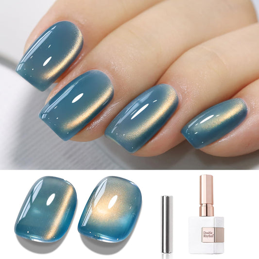 Double Rhythm 15ML Ice Glass Cat Eye Gel Polish with Magnet Holographic Glitter Shimmer Translucent Sheer Color Salon Soak Off Magnetic Nail at Home (SKy Teal-MC1132)-Velvo Beauty