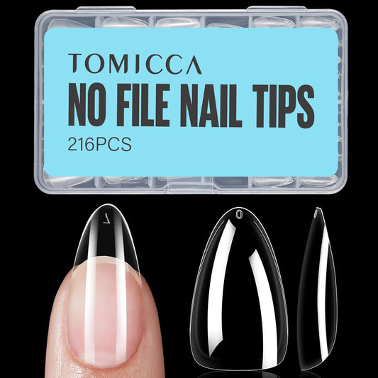 TOMICCA Almond Nail Tips, Medium Almond Acrylic Nail Tips, 216Pcs Full Cover Clear Nails, Nail Extension Tips for Nail salon and DIY at Home-Velvo Beauty