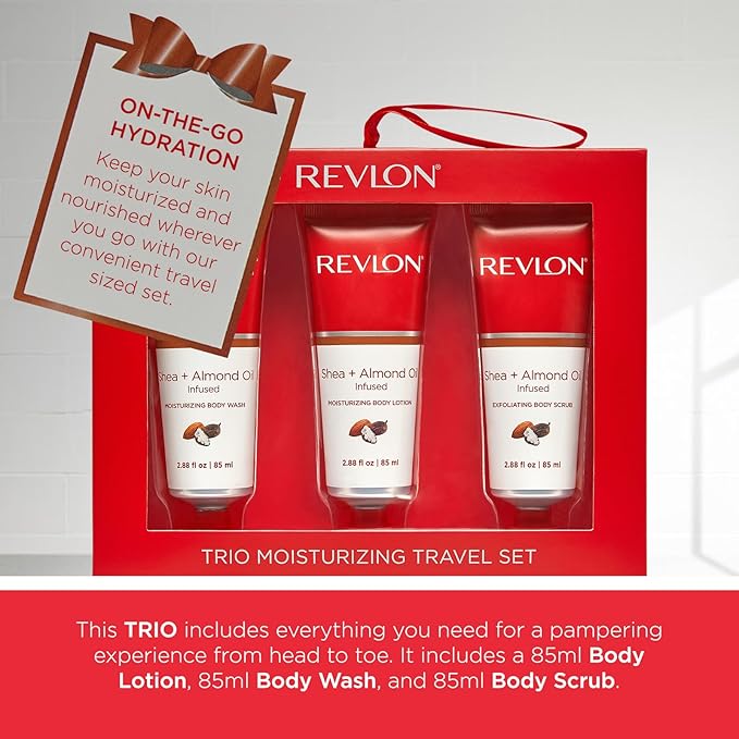 REVLON Get Carried Away Trio Moisturizing Travel Set, Shea Butter and Almond Oil Infused, Moisturizing Body Wash, Body Lotion, Exfoliating Body Scrub, 3 Count (2.88 fl oz)-Velvo Beauty