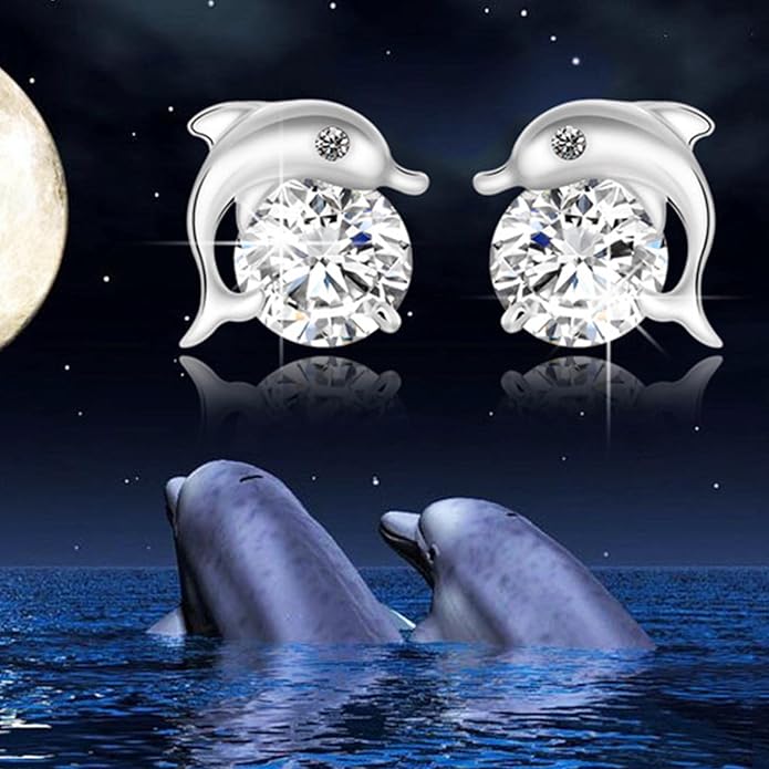 Silver Dolphin CZ Earrings Cute Animal Stud Earrings Tiny Earring Jackets Gifts for Women and Girls-Velvo Beauty