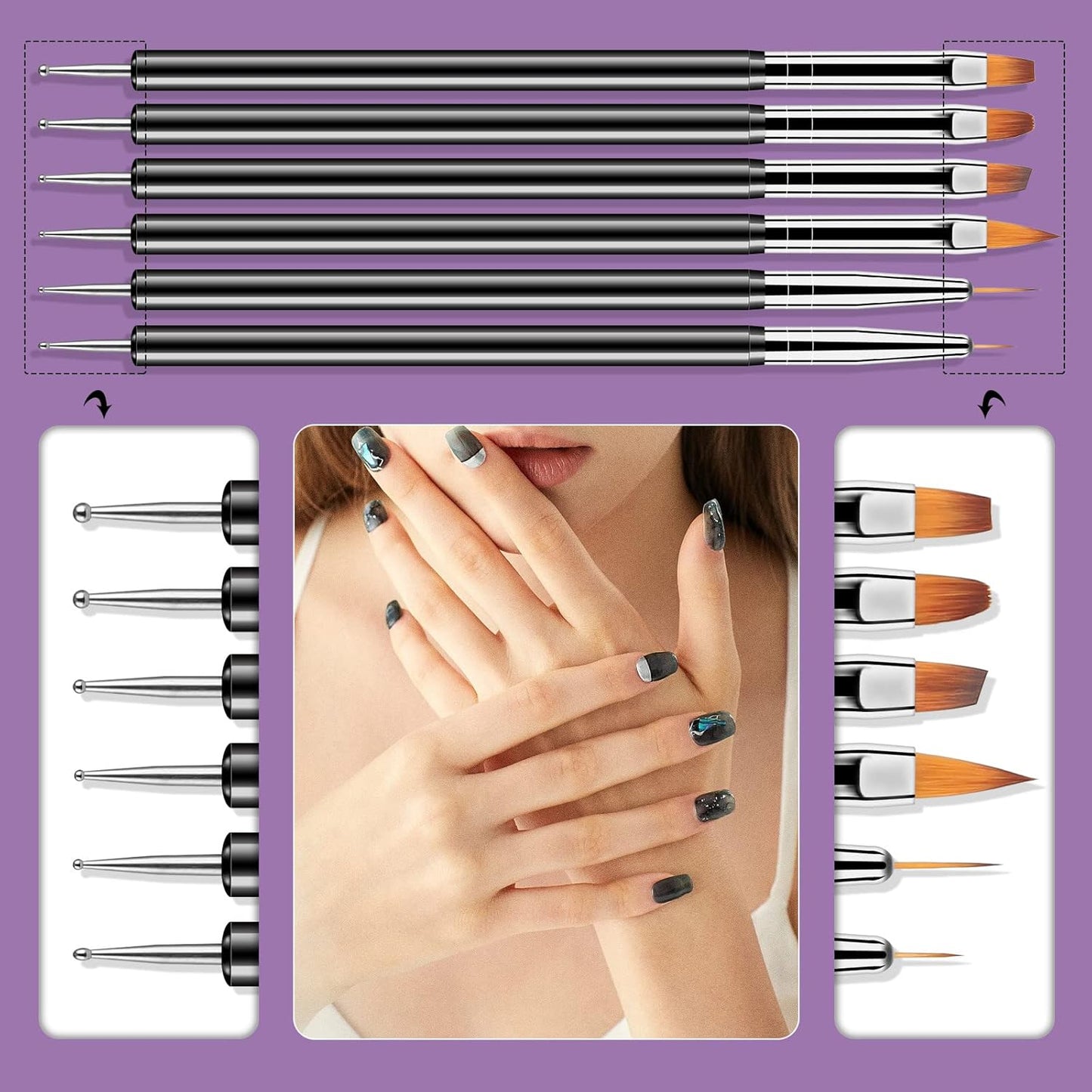 Artdone Nail Dotting Tools 6PCS Double-ended Nail Art Brushes Kit Nail Art Gel Polish Liner Brushes Design Pen For Nail Drawing And Nail Paint Brushes Small Detail Brushes-Velvo Beauty