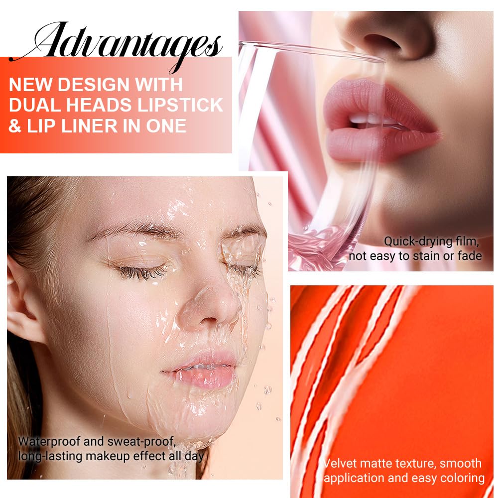 evpct 1Pcs Orange Red Matte Lip Liner & Liquid Lipstick Stain Makeup Set for Women, Orange Red Lip Liner Stain Long Lasting Waterproof Smudge Proof, Cruelty Free Lip Stick Makeup 24 hours originale 54-Velvo Beauty