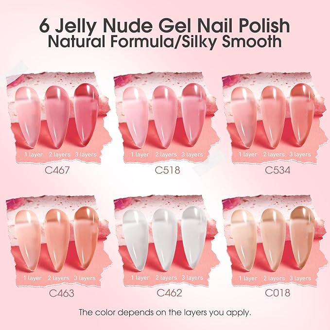 ROSALIND Jelly Gel Polish Set with Matte and Glitter Gel Top Coat, 6 Translucent Colors Neutral Sheer Milky White Nude Pink base Gel Nail Polish set Nail Art DIY at Home-Velvo Beauty