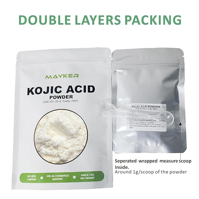 MAYKER Pure Kojic Acid Powder 2.1oz (60gram), Skin Whitening Lightening, Natural and Organic, High Purity 99.9%, Diminishes the Appearance of Dark Spots, Freckles & Scars, for DIY Soaps, Creams-Velvo Beauty