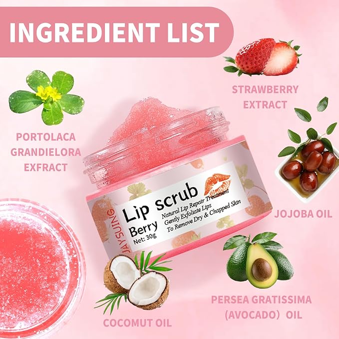 Lip Scrub, Natural Lip Scrub Exfoliator, 2Pcs Lip Exfoliator Lip Scrub for Dark Lips to Lighten,Repair Dry Lips,Chapped Lips (Berry)-Velvo Beauty