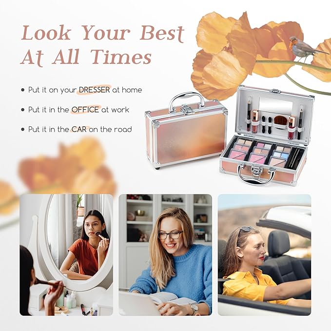 Color Nymph Beginner Makeup Kits For Teens With Train Case Included Full Makeup Kit Eyeshadow Palette Blushes Bronzer Highlighter Lipstick Brushes Mirror（Gold）-Velvo Beauty