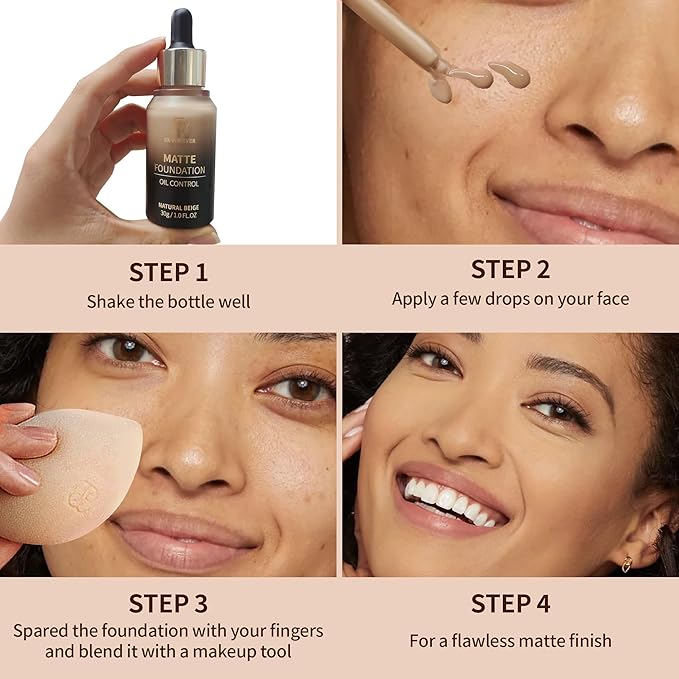 FV Full Coverage Liquid Foundation Makeup, Long Lasting Matte Foundation with Flawless Finish, Concealing & Minimizing Pores, Oil Control Waterproof for Oily Combination Skin, 1 Fl. Oz (Natural Beige)-Velvo Beauty