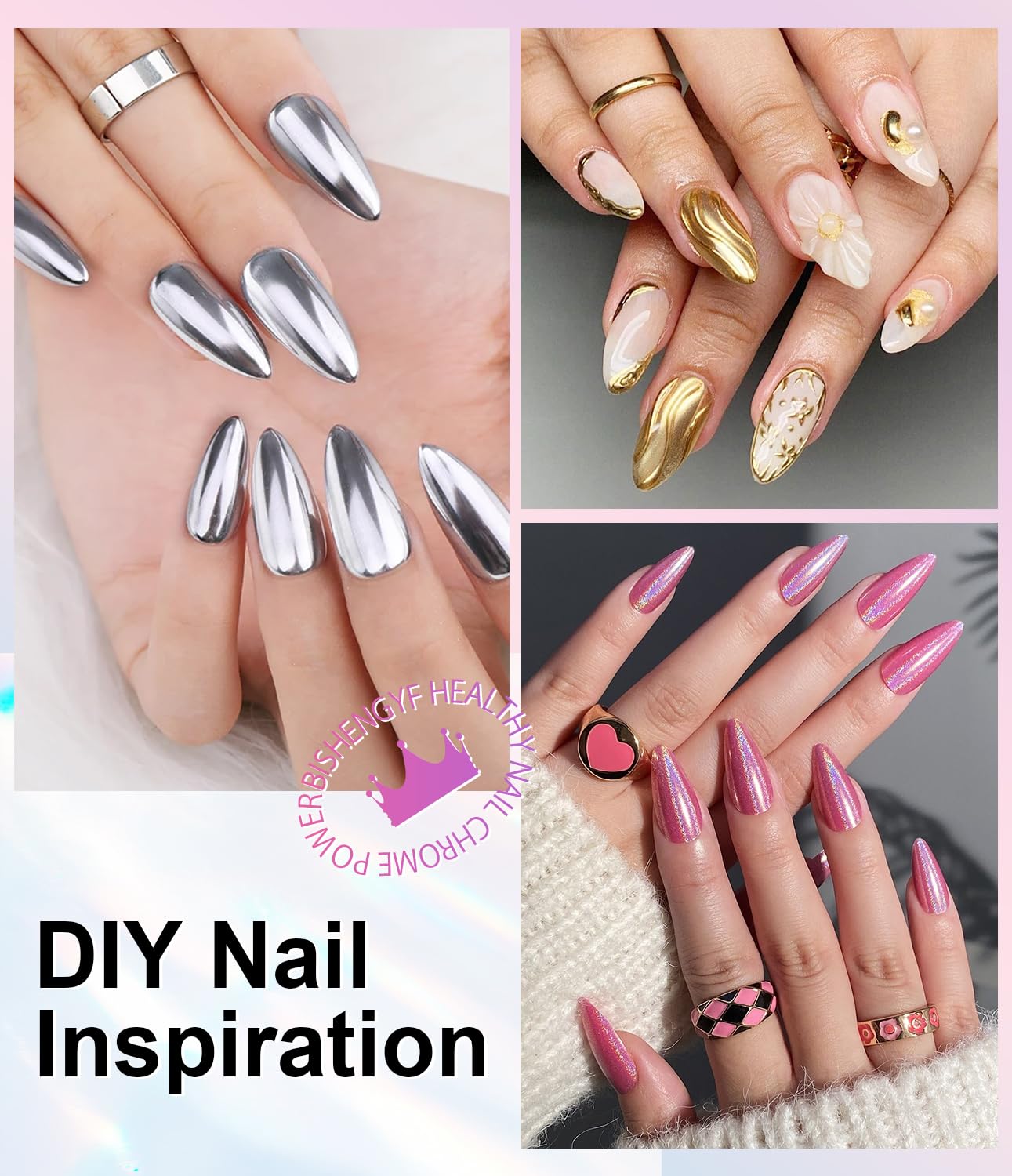 Mermaid Gold Chrome Nail Powder: 6 Colors Mirror Effec Green/Pearl Chrome Nail powder,Magic Mermaid Pink Chrome Nail Powder Pigment for Nail Art Design Home DIY（Laser/Silver）-Velvo Beauty