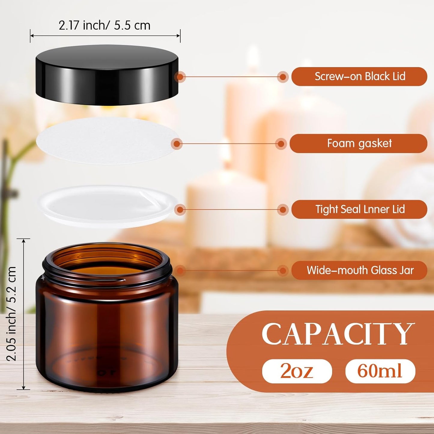 Domensi 32 Pcs 2 oz Glass Jars with Lids Travel Size Round Leakproof Empty Cosmetic Jars with Inner Liners Lid for Storing Makeup Lotions Face Cream Ointments Candle DIY Making (Amber)-Velvo Beauty