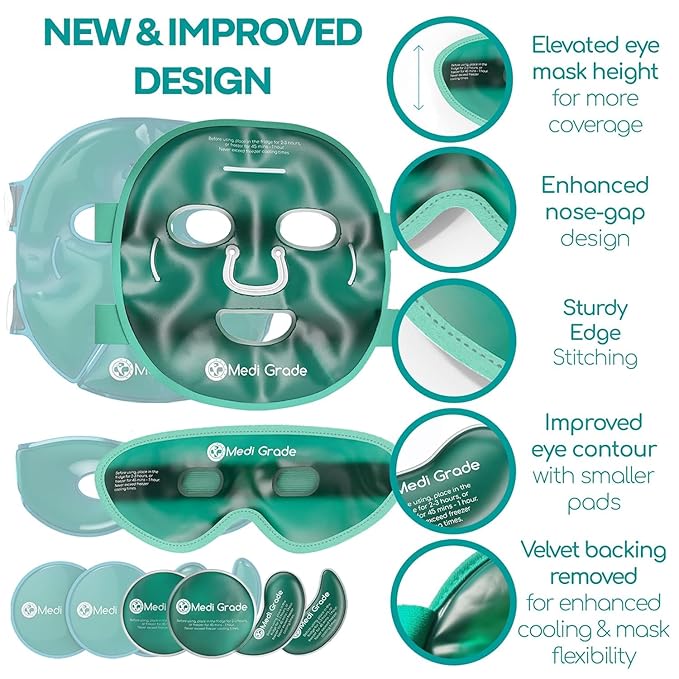 Medi Grade Cooling Ice Face Mask and Cooling Eye Mask for Puffy Eyes & Migraine Relief - Self Care Face Ice Pack with ChillGel Face Ice Mask Technology - Cooling Face Mask, Eye Pads and Bag-Velvo Beauty