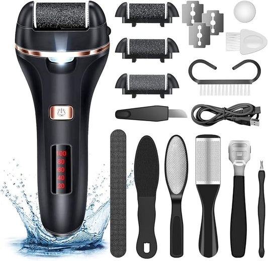 Electric Callus Remover for Feet,Rechargeable Foot File Hard Skin Remover,Waterproof 14 in1 Professional Pedicure Kit for Cracked Heels &Dead Skin,with 3 Roller Heads 2 Speed-Velvo Beauty