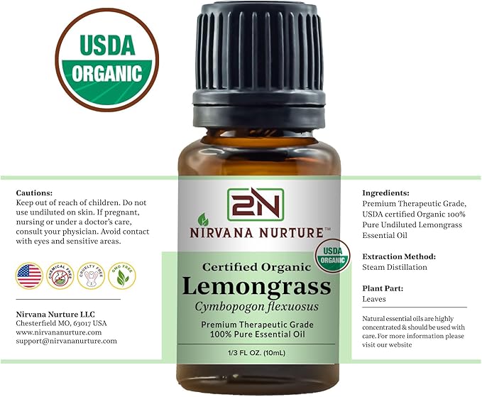 Lemongrass Essential Oil USDA Certified Organic 100% Pure Premium Therapeutic Grade, Undiluted - Aromatherapy Diffuser for Calm and Relaxation, Skin Care, Hair Care-Velvo Beauty