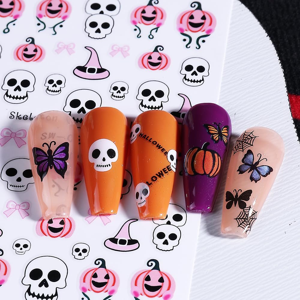 Halloween Nail Art Stickers Ghost Nail Decals 3D Horror Ghost Skull Spider Web Bat Pumpkin Butterfly Self-Adhesive Decals Designs Halloween Nail Supplies for Women Manicure Decorations 3 Sheets-Velvo Beauty