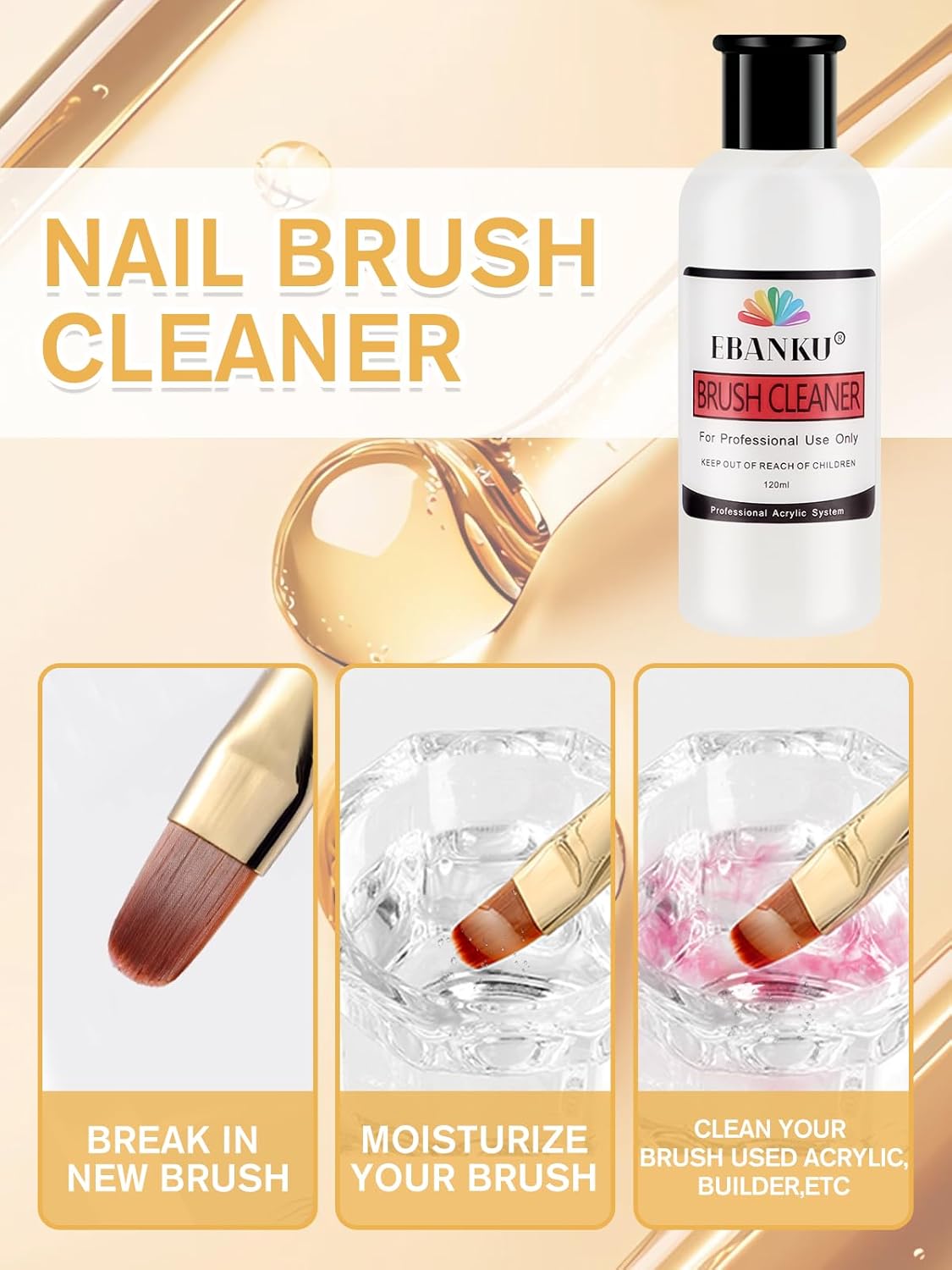 EBANKU 120ml Acrylic Nail Brush Cleaner, 3 in 1 Nail Art Brushes Conditioner Nail Brush Clean Solution Quickly Clean for Solid Gel Polish/Nail Extension Gel-Velvo Beauty