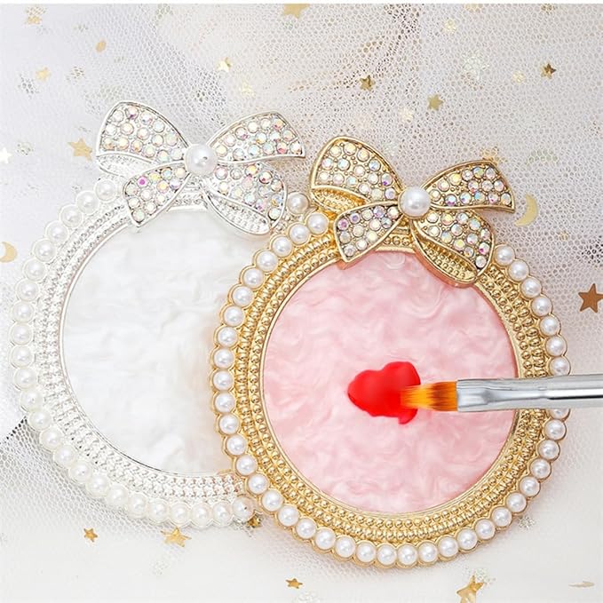 Bow Resin Nail Art Palette, Nail Polish Makeup Mixing Plate, Bow Shaped Pearl Inlaid with Diamonds Nail Display Board Palette (Pink)-Velvo Beauty