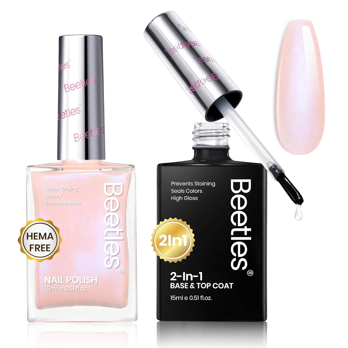 Beetles Pink Glitter Nail Polish and 2 in 1 Base & Top Coat Set, Fast Drying & Natural Nail Lacquer Strengthen Shimmer-Like Purple Mermaid Tears, No UV Lamp Needed for DIY Nail Art Gifts for Women-Velvo Beauty