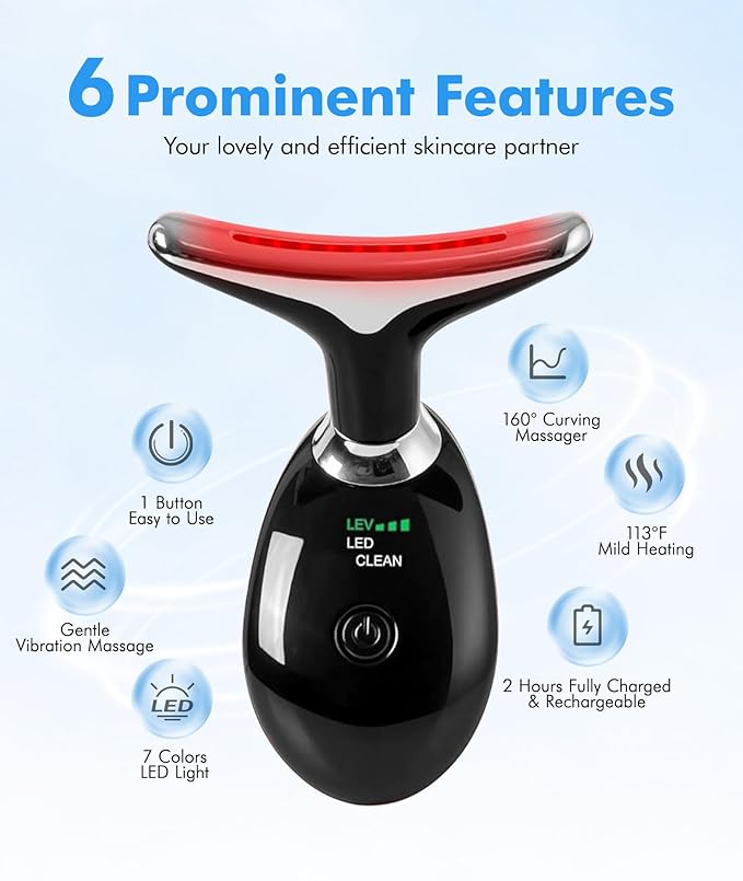 Red-Light-Therapy-for-Face-and-Neck, 7 Color Face Massager Tool for Wrinkles, Double Chin, Vibrating Facial Massager with Thermals for Skin Care, Glossy Black-Velvo Beauty