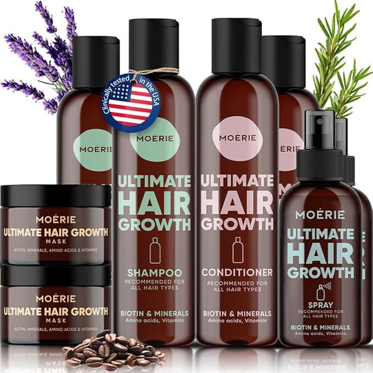 Moerie Shampoo and Conditioner Plus Hair Mask and Hair Spray Mega Pack – The Ultimate Hair Care Set – For Longer, Thicker, Fuller Hair - Volumizing Hair Products – Paraben & Silicone Free - 8 items-Velvo Beauty