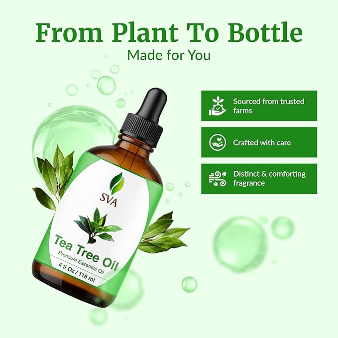 SVA Tea Tree Essential Oil – 4 Fl Oz – 100% Natural Tea Tree Oil - for Diffuser, Hair Care, Face, Skin Care, Aromatherapy, Scalp and Body Massage, Soap and Candle Making – with Dropper-Velvo Beauty