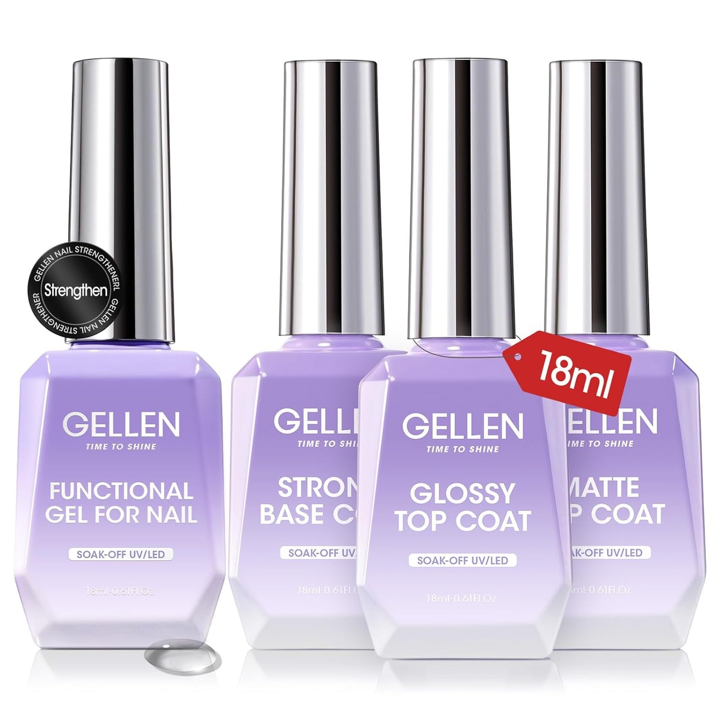 GELLEN 4Pcs Gel Top Coat and Base Coat with Nail Strengthener Set for Gel Nail Polish, 18ml Soak Off Nail Lamp Clear Nail Polish Set-Velvo Beauty