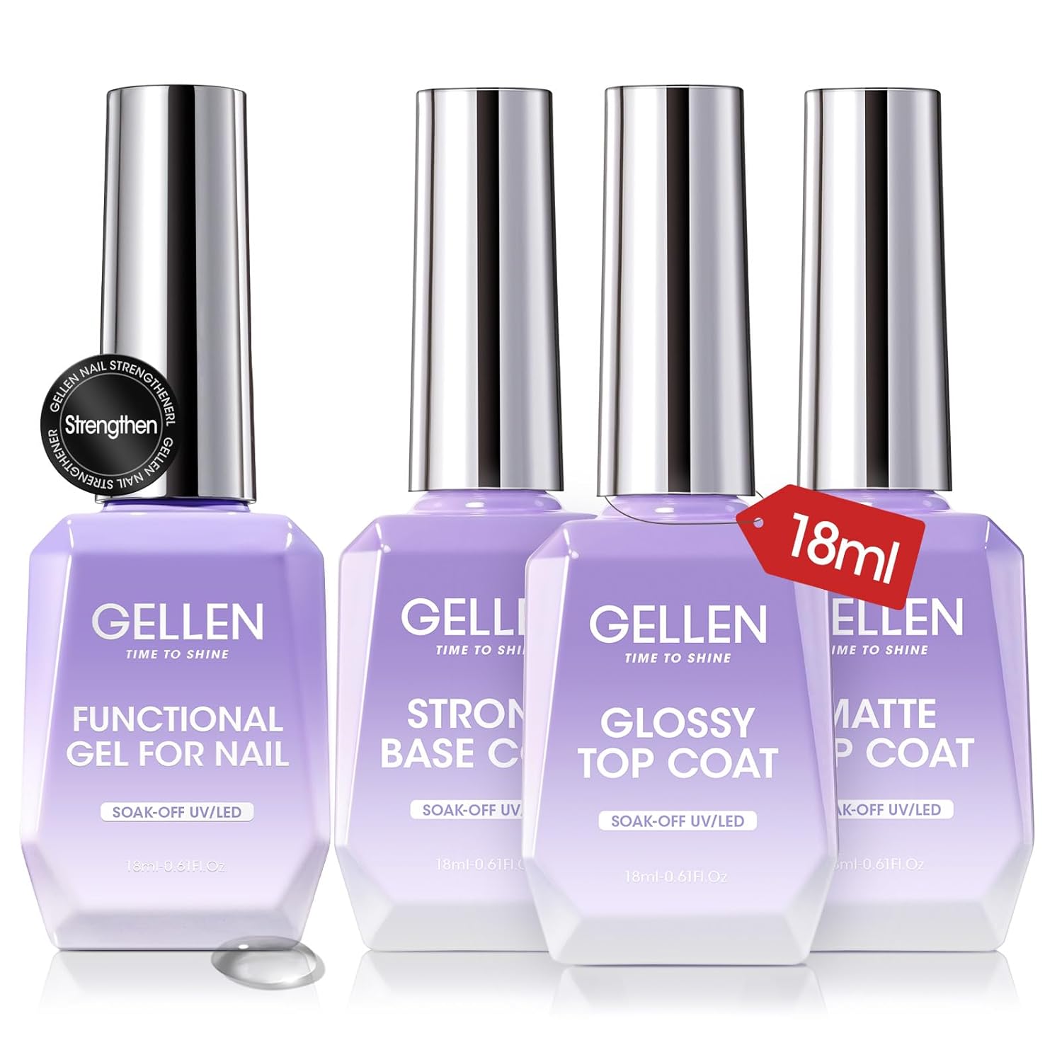 GELLEN 4Pcs Gel Top Coat and Base Coat with Nail Strengthener Set for Gel Nail Polish, 18ml Soak Off Nail Lamp Clear Nail Polish Set-Velvo Beauty