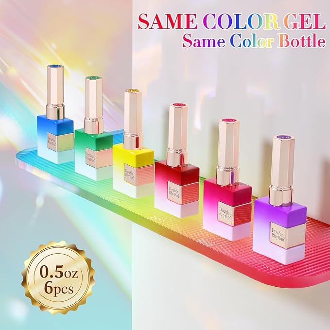 Double Rhythm 6 Pcs 15 ML Gel Polish Set Same Color Same Bottle Soak Off Gel Polish Kit Nail Art Manicure Salon DIY at Home for Women (Jelly Yellow Pink Red Purple Blue-T6-25)-Velvo Beauty