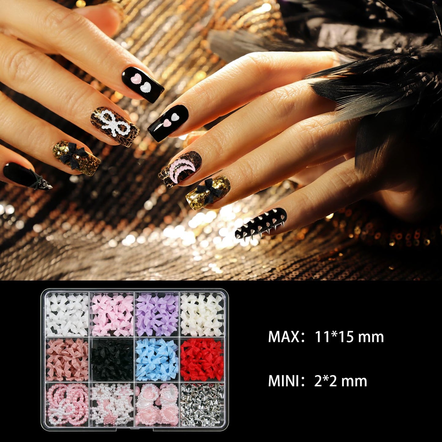 Artdone Nail Art Studs Kit, 12 grids 8 Colors 3D Charms and Pink Mix White Star Heart Moon Cute Nail Jewels for DIY Decoration-Velvo Beauty