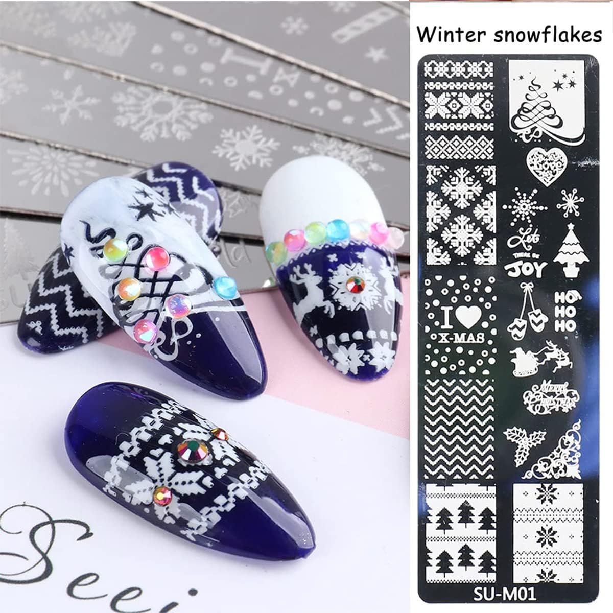 6Pcs Christmas Nail Stamp Template Kit 1 Silicone Stamper 1 Scraper Winter Snowflakes Nail Art Stamping Plates Xmas Snow Deer Bells Pine Tree Nail Stamping Image Stamp for Women Nail Art Supplies-Velvo Beauty