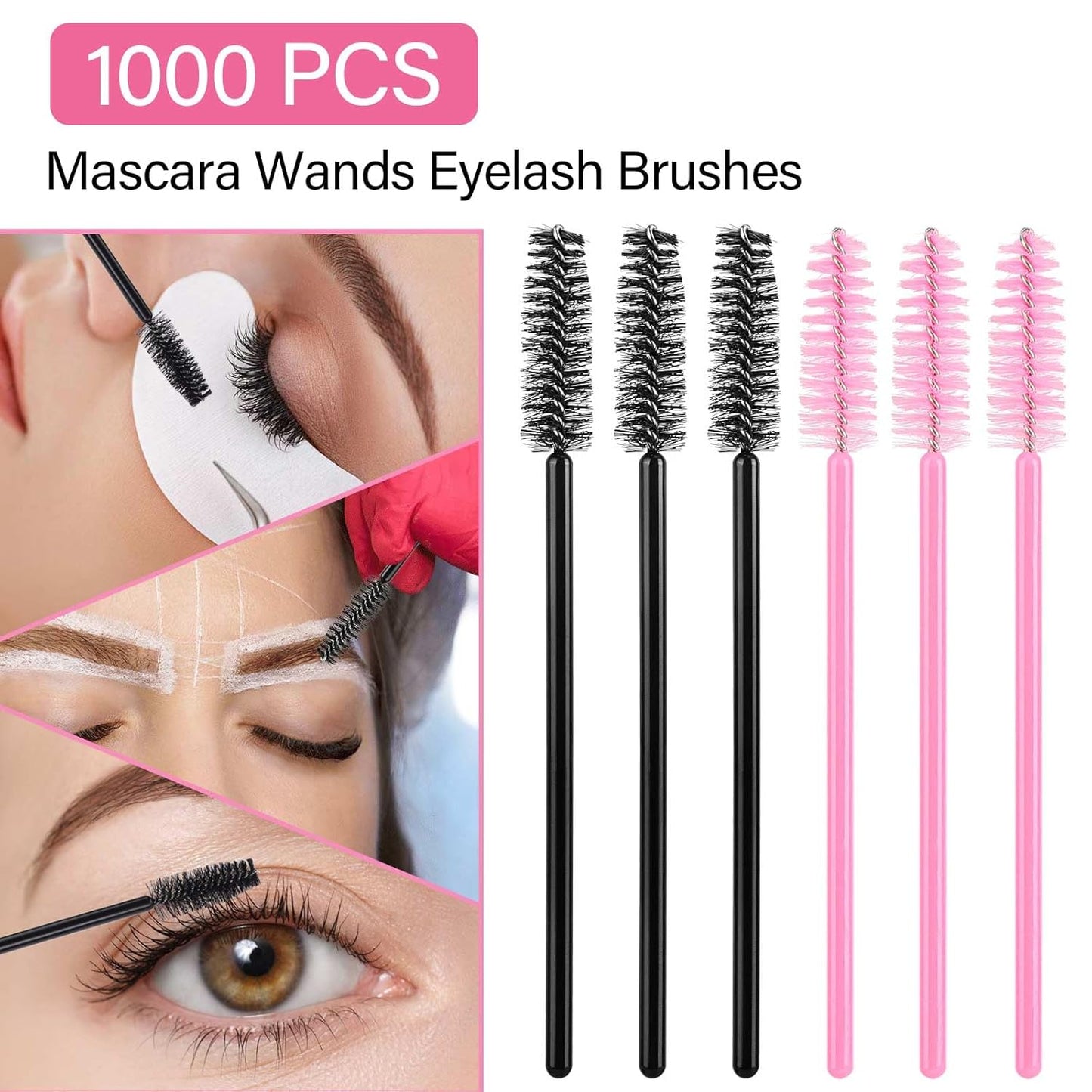 1000 Disposable Mascara Wands Eyelash Brushes Spoolies for Eyebrow Eye Lash Extension Black and Pink-Velvo Beauty