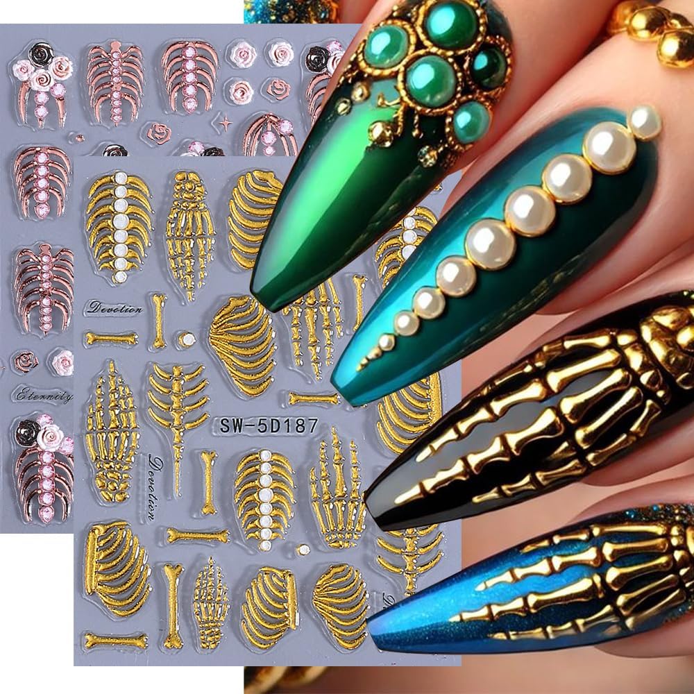2 Sheets 5D Embossed Skull & Bone Nail Decals for Nail Art Self-Adhesive Halloween Nail Stickers Pink Hand Bone Rose Flower Nail Art Stickers Scary Gold Bones Design Decals for Women Nail Accessories-Velvo Beauty