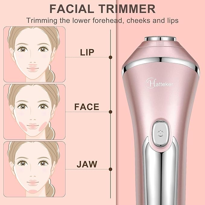 Hatteker Electric Shaver for Women Lady Epilator Electric Razors Kit Hair Remover for Face Chin Arm Leg Armpit Bikini Trimmer Painless Waterproof USB Rechargeable Dry Wet with Detachable Head 3 in 1-Velvo Beauty
