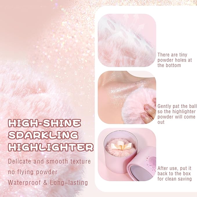 Highlighter Makeup Powder Plush Peach Ball Puff Glitter Shimmer Sparkle Loose Patting Powder for Body Face Hair Multi-Use High Gloss Shine Bright Illuminator Makeup Glossy Diamond Glow-Velvo Beauty
