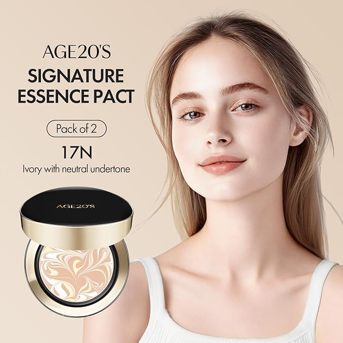 AGE20'S Signature Essence Pact SPF 50+ | Pack of 2 | 17N IVORY | Cream Foundation, Dewy Finish, Natural Coverage | Korean Cushion Foundation-Velvo Beauty