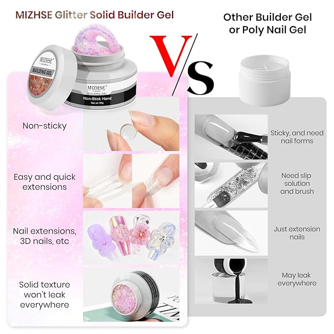 MIZHSE 2PCS Solid Builder Gel for Nails: 30g/1oz Clear & Pink Glitter Hard Gels for Nails 3D Gel with Dual Forms 3D Silicone Mold Soak off U V Builder Gels for Nail Art Manicure Home DIY-Velvo Beauty