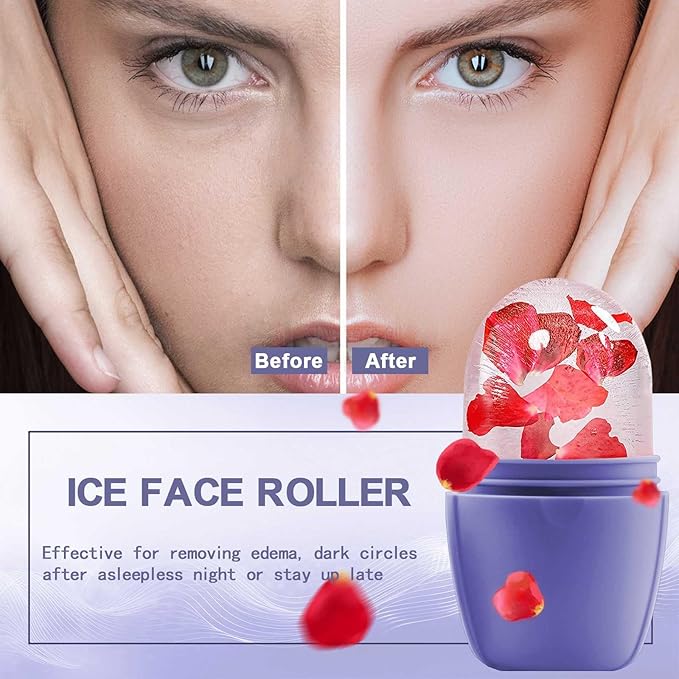 XHJRI Ice Face Roller Massager,Ice Cube Roller for Face, Eyes and Neck Naturally Conditioning and Skin Care,De-Puff Eye Bags,Reduce Migraine Pain,Reusable Massage Silicone Ice Mold (New Purple)-Velvo Beauty