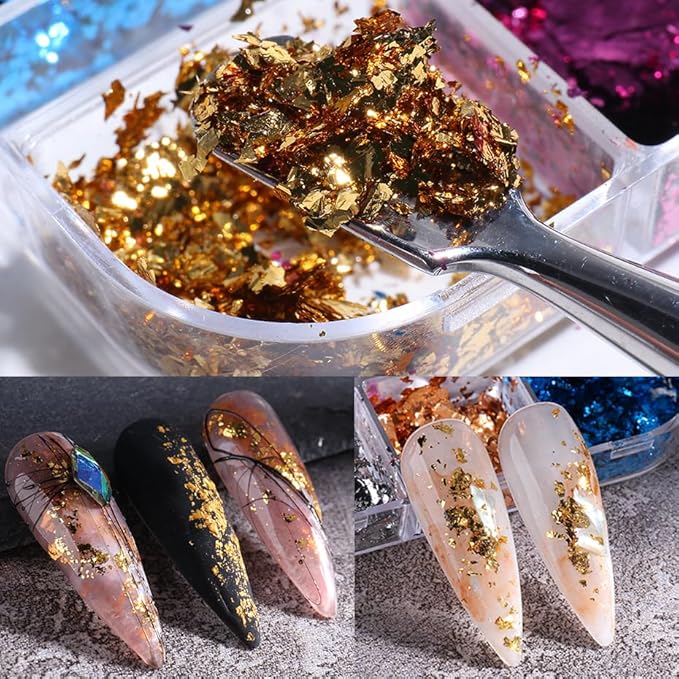 24Grid Aurora Opal Iridescent Nails Mermaid Flake Powder,Holographic Metal Color Gold Silver Confetti Nail Art Foil Paillettes,Irregular Glitter Sparkly Sequin Design for Manicure Decoration-Velvo Beauty