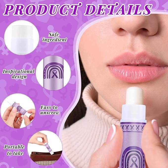 50 Set Overdose Awareness Lip Balms Gifts with 50 Organza Bags 50 Purple Awareness Ribbon Pins Raise Awareness for Domestic Violence Pancreatic Cancer Lupus Alzheimer's Awareness-Velvo Beauty