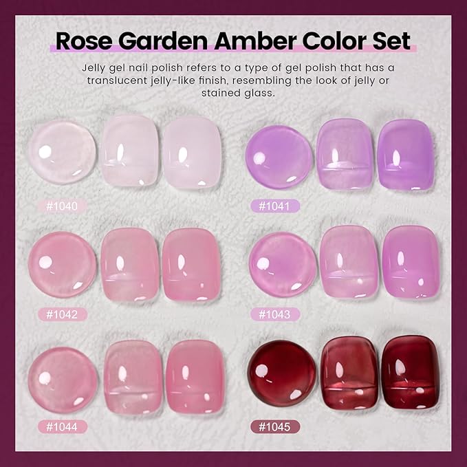 RARJSM Purple Pink Jelly Gel Nail Polish Set 6pcs Clear Crystal Glass Grape Purple Rose Pink Series Transparent Sheer Amber Milky Gel Varnish LED UV Curing Requires Soak off French Manicure Home Salon-Velvo Beauty